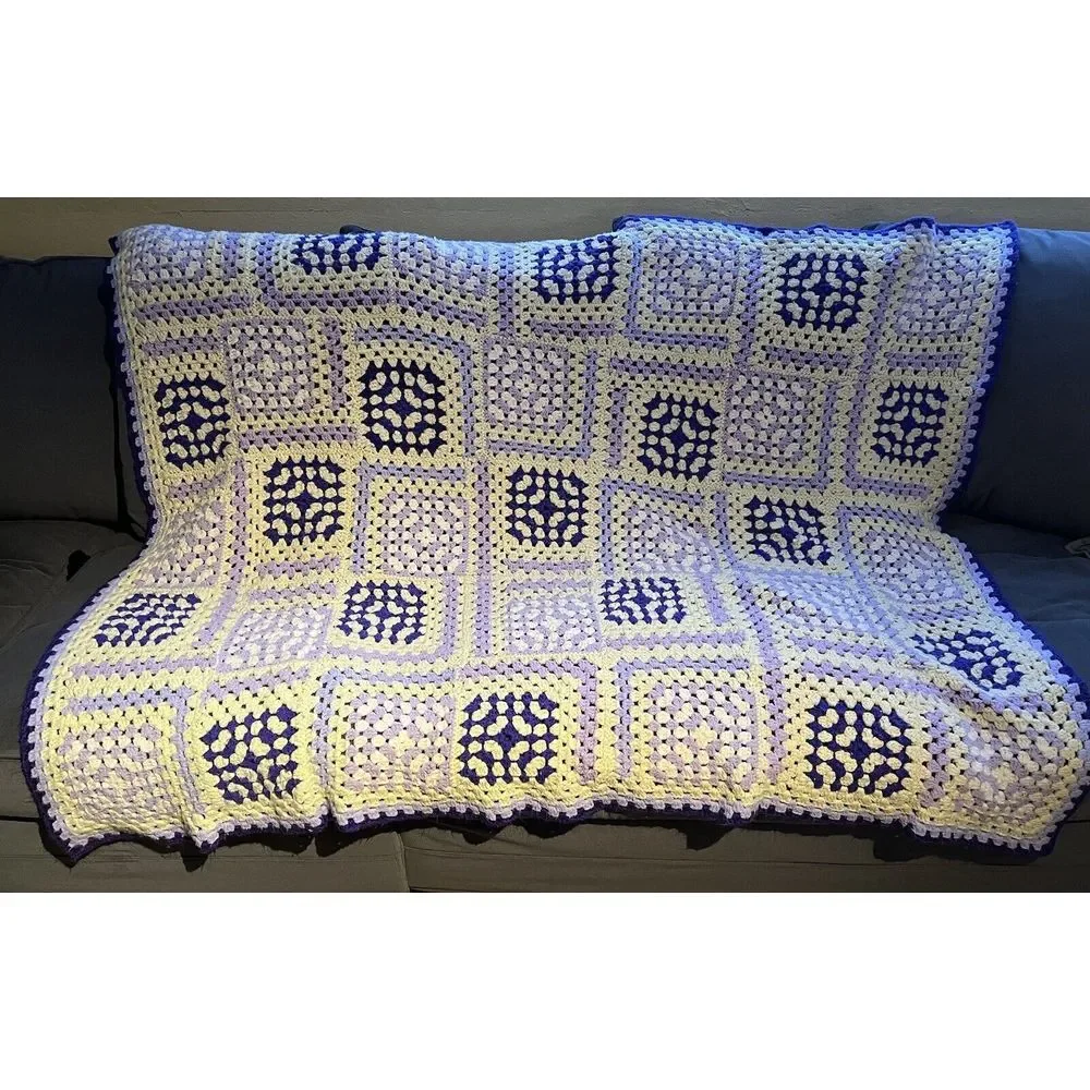 Vtg Purple White Crochet Handmade Afghan Throw Blanket Granny Square Style 48x64